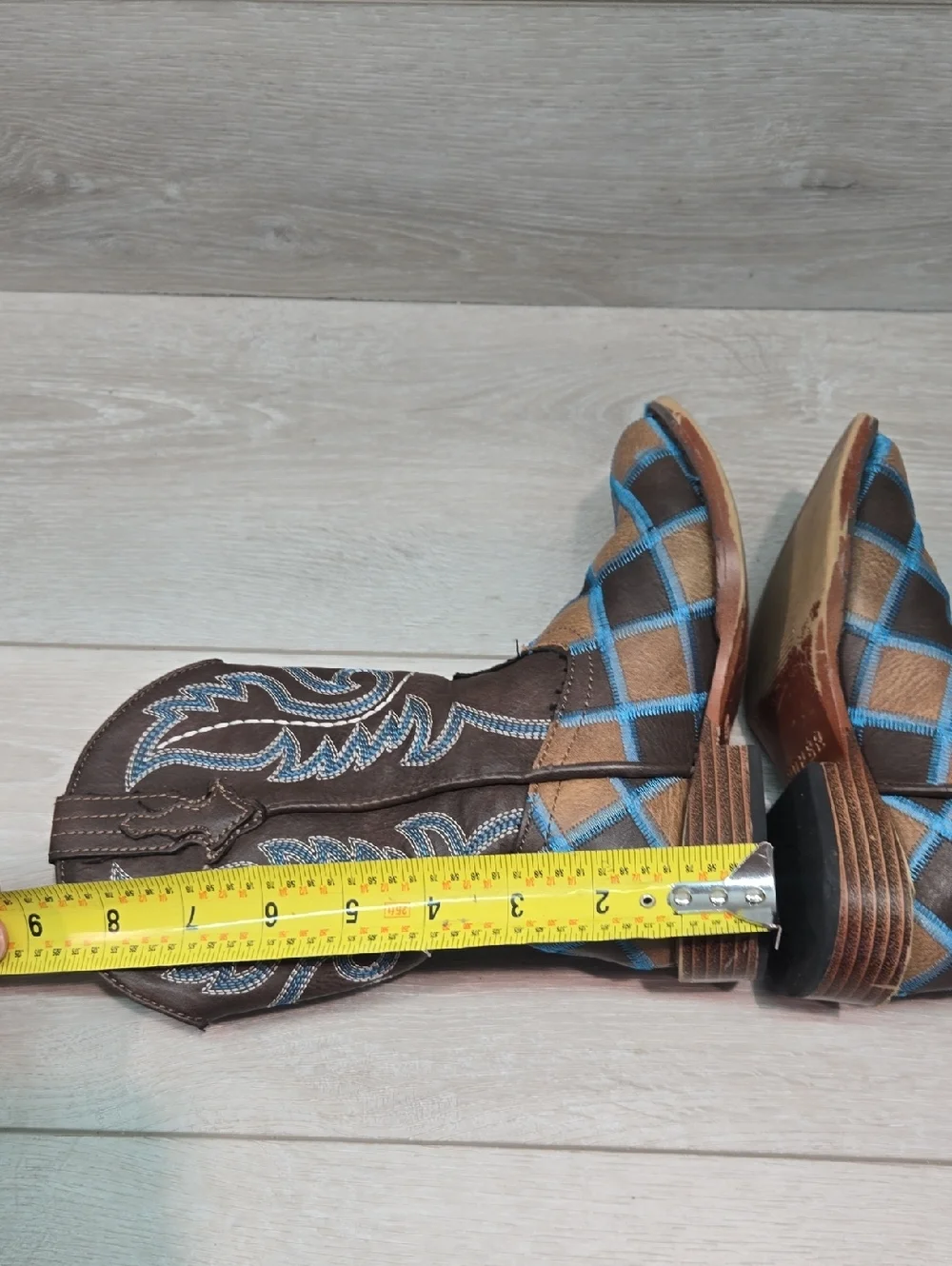 Roper Kids Girl Tall Leather Western Boots with Blue Stitch Plaid Shoes Sz 11